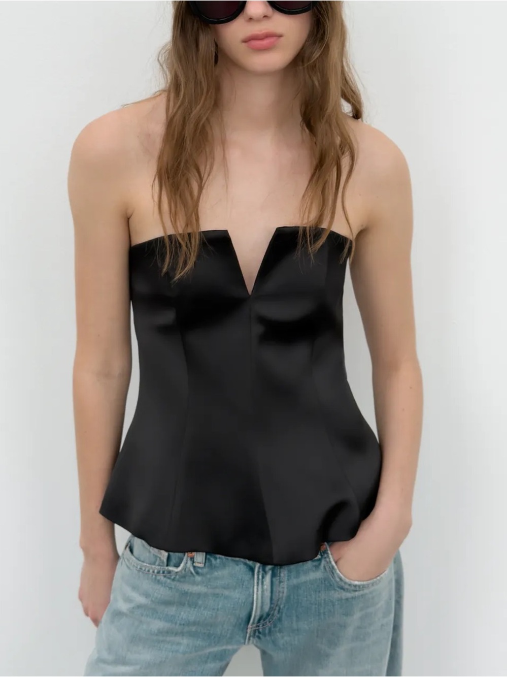 Zara NWT Strapless Black Satin Peplum Top